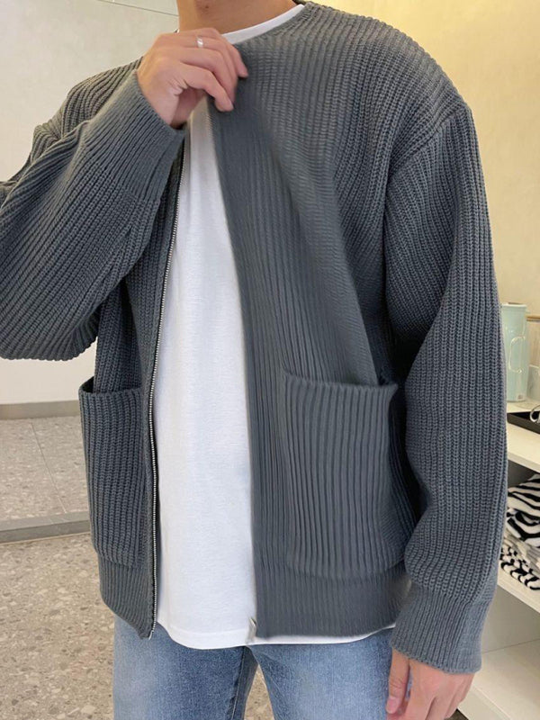 Men's solid color loose casual lazy style knitted sweater cardigan