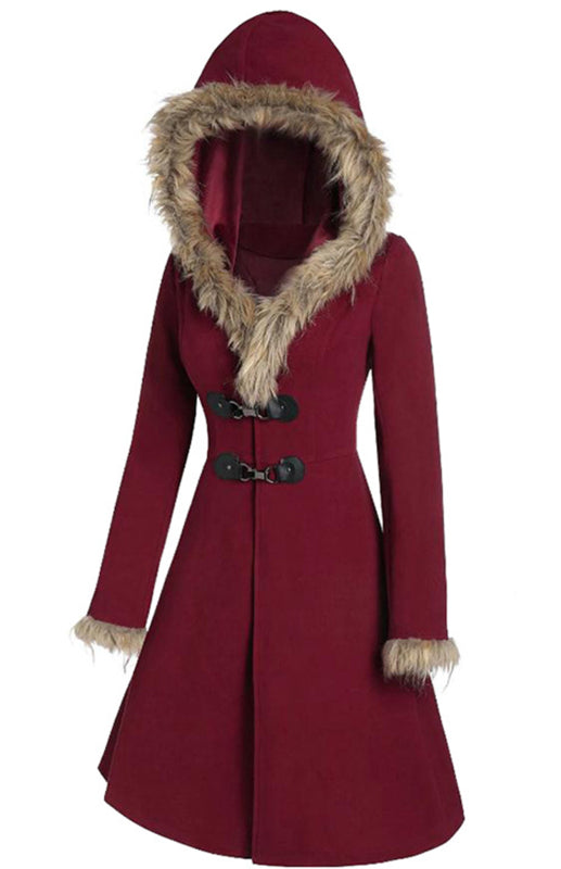 Solid-Colored Fur, Long-Sleeved Alloy Buckles, Duffel Coat