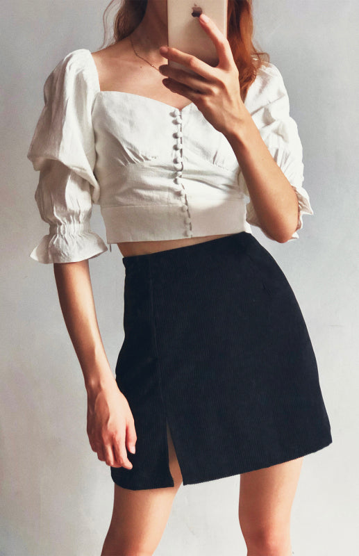 High Waist Corduroy Skirt Solid Split A-Line Skirt