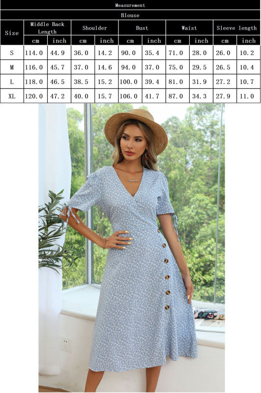 Women's Puff Sleeve Floral V-Neck Short Sleeve Lace-Up Slit Button Dress