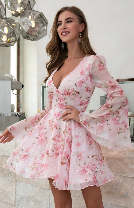 Women's Sexy V-Neck Floral Print High Waist Flared Sleeve Dress