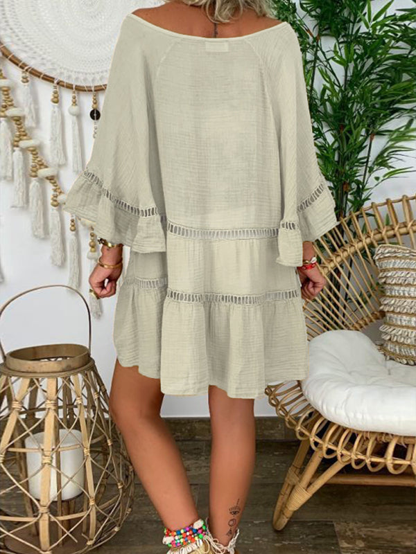 Women's 3/4 Sleeve Cotton Linen V-Neck Loose Button Cutout Plus Size Top Dress