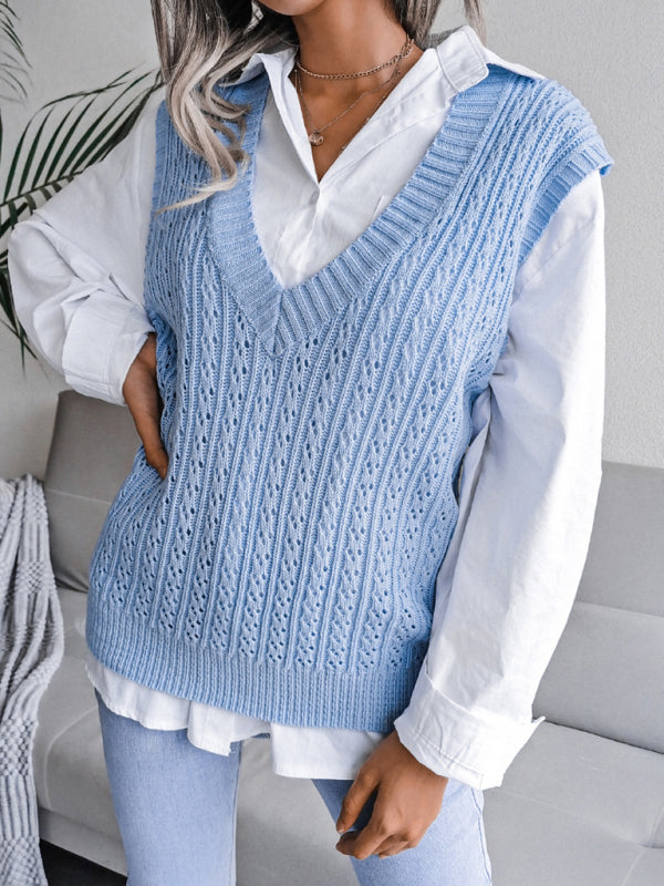Women's V-neck hollow out fried dough twist casual knitting vest sweater