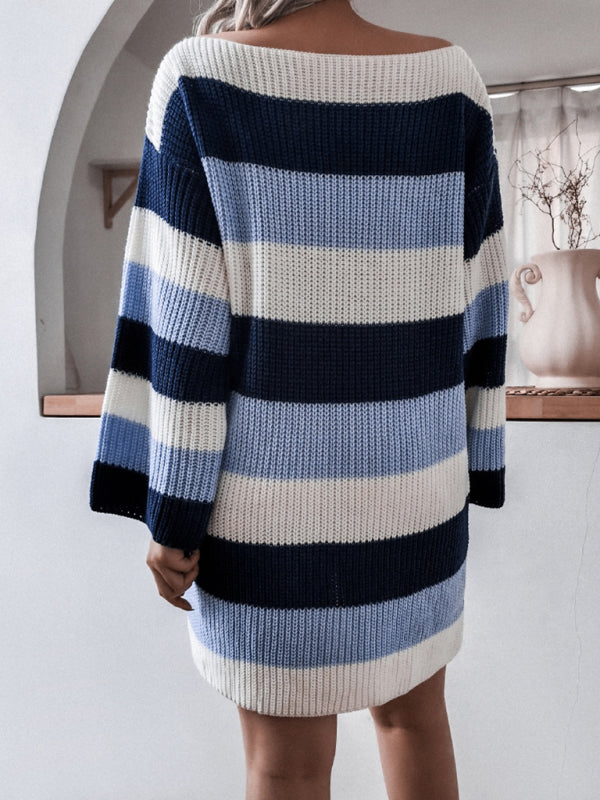 Women's straight neck off shoulder loose contrast striped knitted wool dress