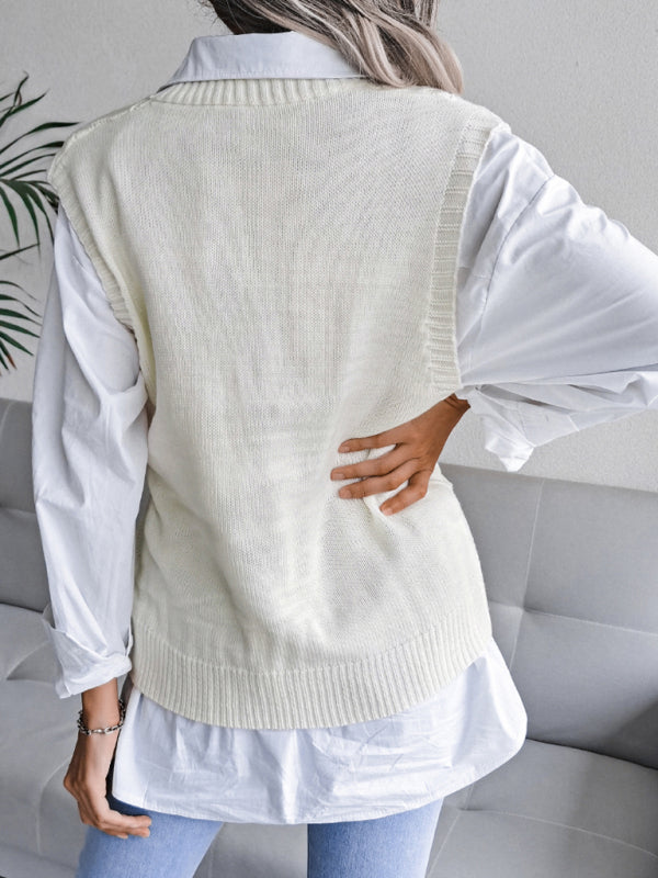 Women's V-neck hollow diamond casual knitting vest sweater