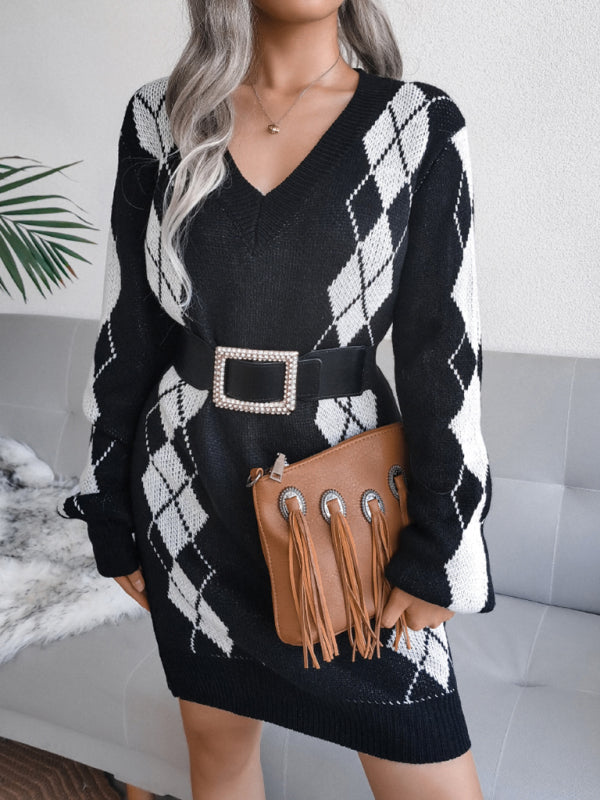 Women's style Lingge wool dress knitted dress