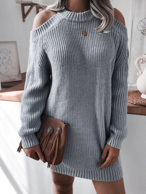 Women's off shoulder long sleeve casual loose wool dress