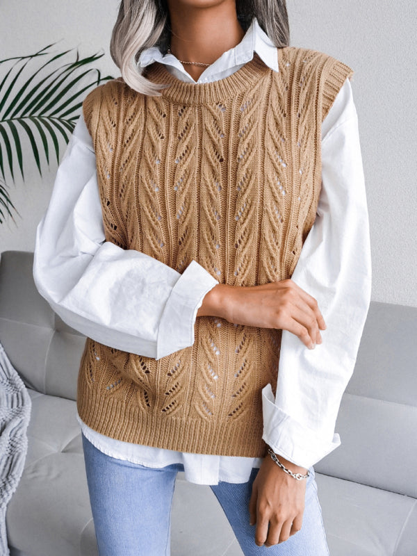 Women's round neck hollow leaf casual knitted vest sweater