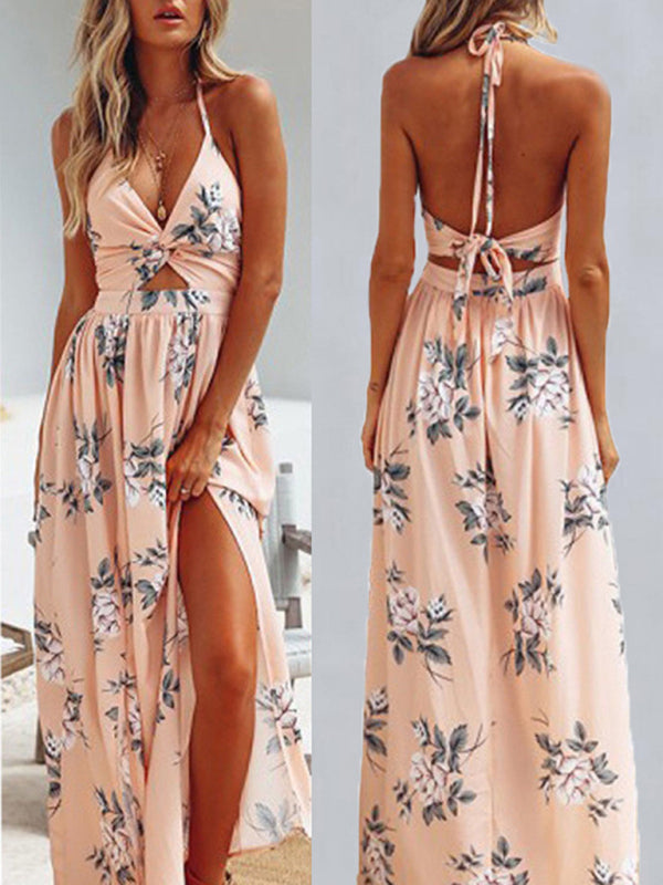 Women's halter V-neck chiffon print dress sexy split beach dress