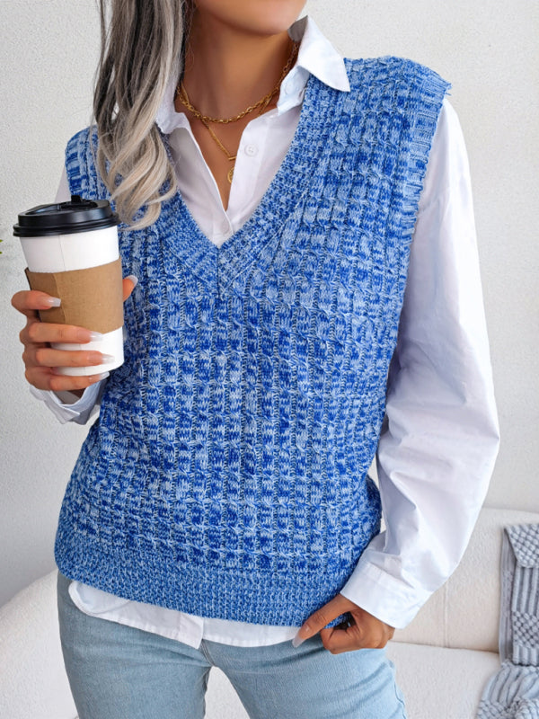 Women's color fried dough twist V-neck knitted vest Sweater Vest