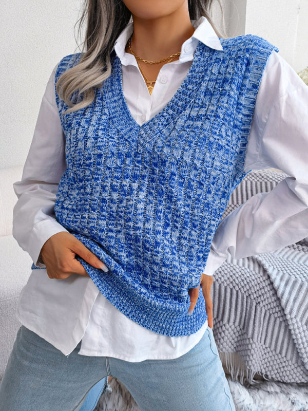 Women's color fried dough twist V-neck knitted vest Sweater Vest