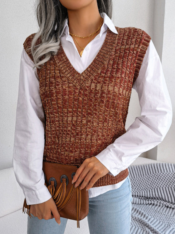 Women's color fried dough twist V-neck knitted vest Sweater Vest