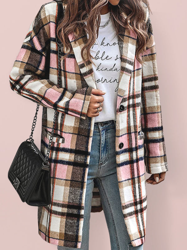 Women’s Button Front Long Sleeve Plaid Print Detail Long Blazer Coat