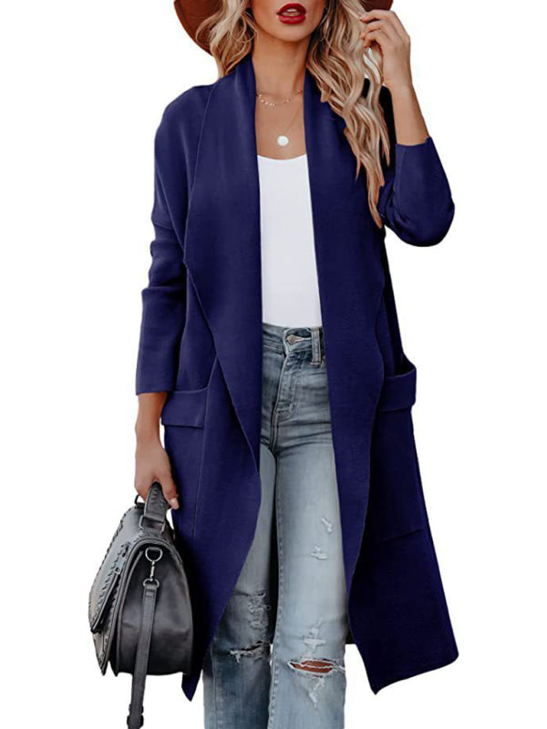 Women’s Casual Overcoat With Large Front Pockets And Folded Collar