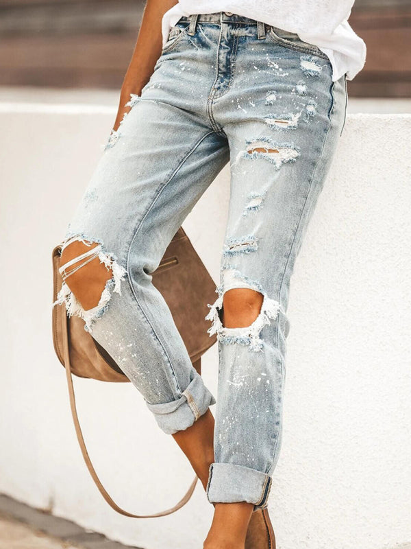 Women’s Five-pocket Style Ripped Straight Leg Cuffed Denim Jeans