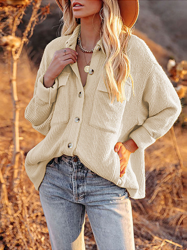 Women’s Solid Color Button-down Collar Oversized Corduroy Shirt