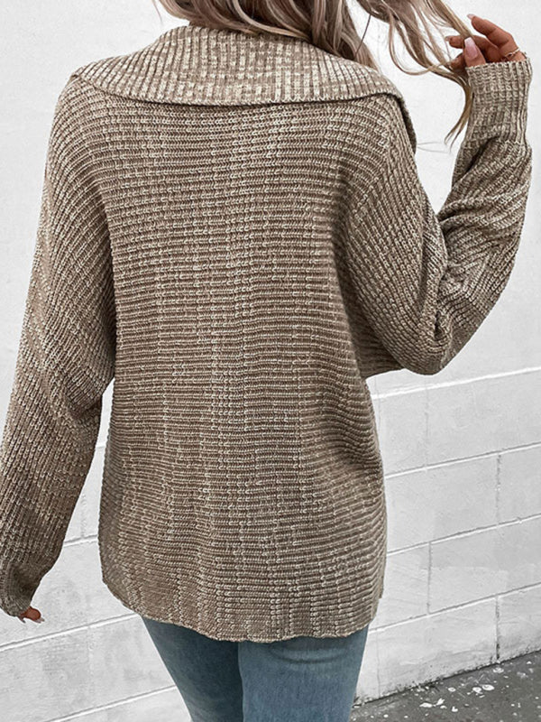 Women's Solid Color Spread Collar V Neck Rib Knit Sweater
