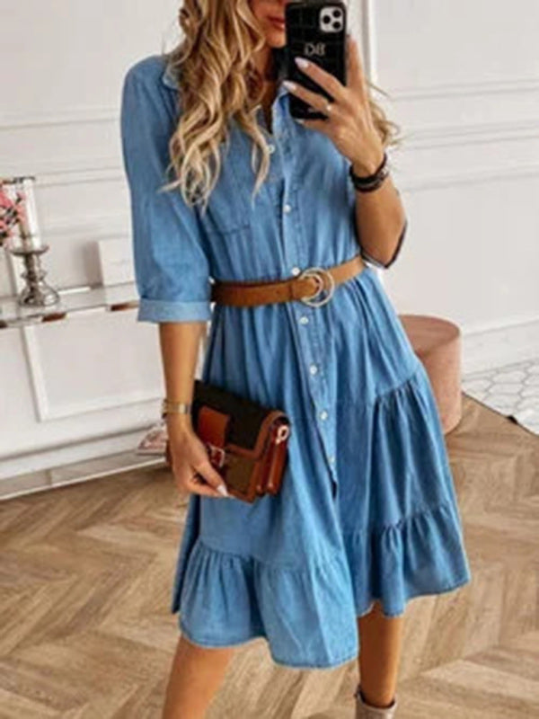 Women's Belted Tiered Skirt Long Sleeve Denim Shirt Dress