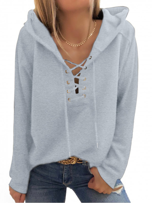 Women's Solid Color Lace Up Long Sleeve Hoodie