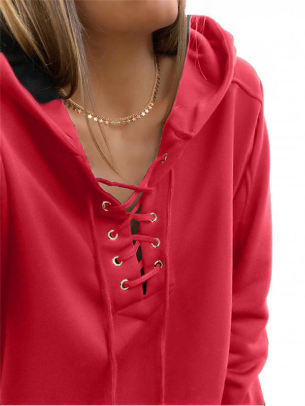Women's Solid Color Lace Up Long Sleeve Hoodie