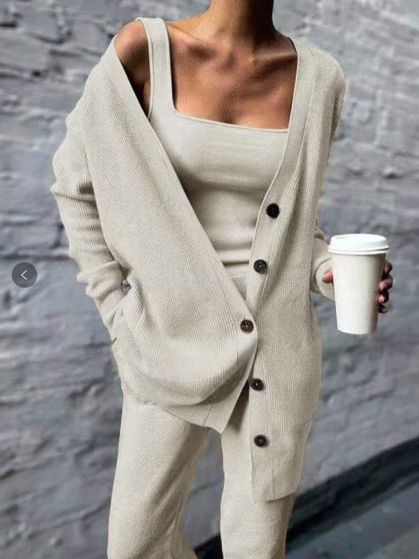 Women's solid color casual knitted three-piece suit