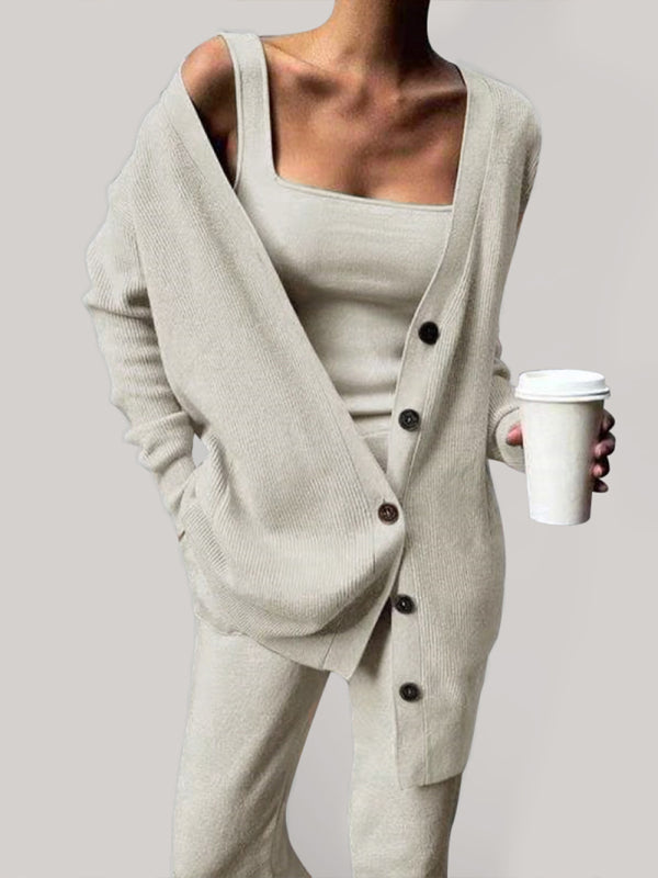 Women's solid color casual knitted three-piece suit