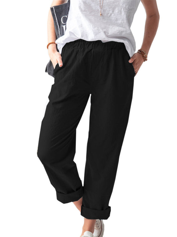 New style solid color casual elastic high waist straight trousers women