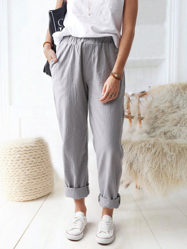 New style solid color casual elastic high waist straight trousers women