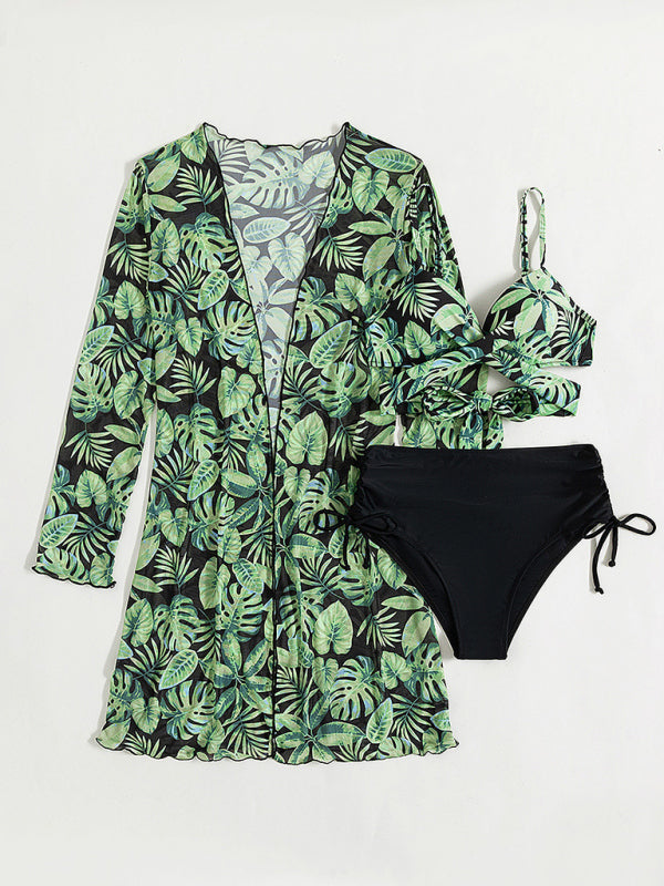 Women's tropical print bikini three-piece sets