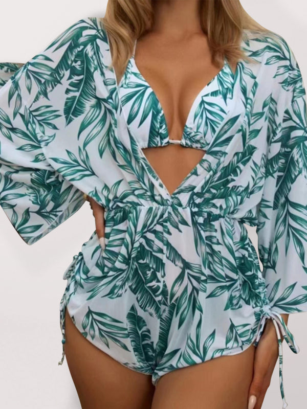 Women's Tropical Print Bikini Deep V-neck Long Sleeve Three Pieces Set