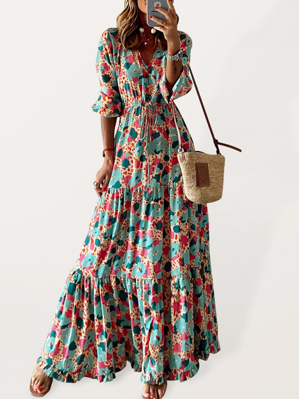 Women's Floral Print Tiered Puff Ruffle Sleeve Maxi Dress