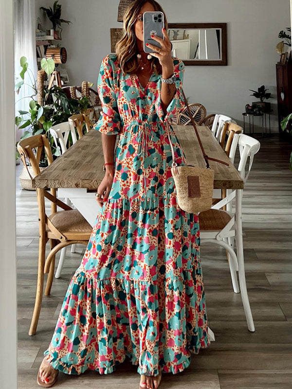 Women's Floral Print Tiered Puff Ruffle Sleeve Maxi Dress