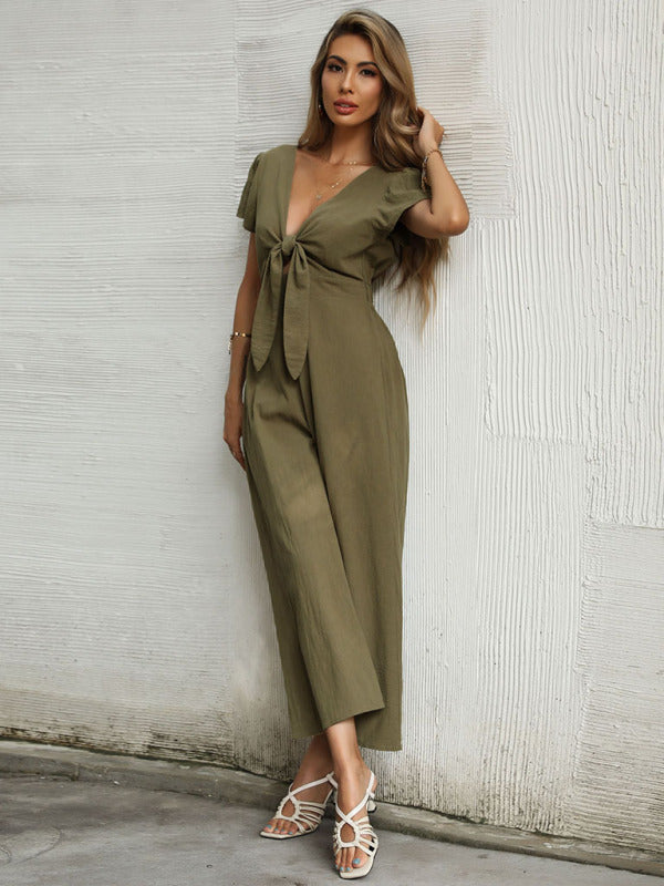 Women's Solid Color Tie Front Cutout Flutter Sleeve Crop Jumpsuit