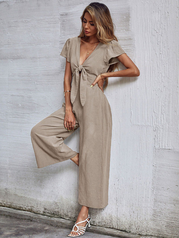 Women's Solid Color Tie Front Cutout Flutter Sleeve Crop Jumpsuit