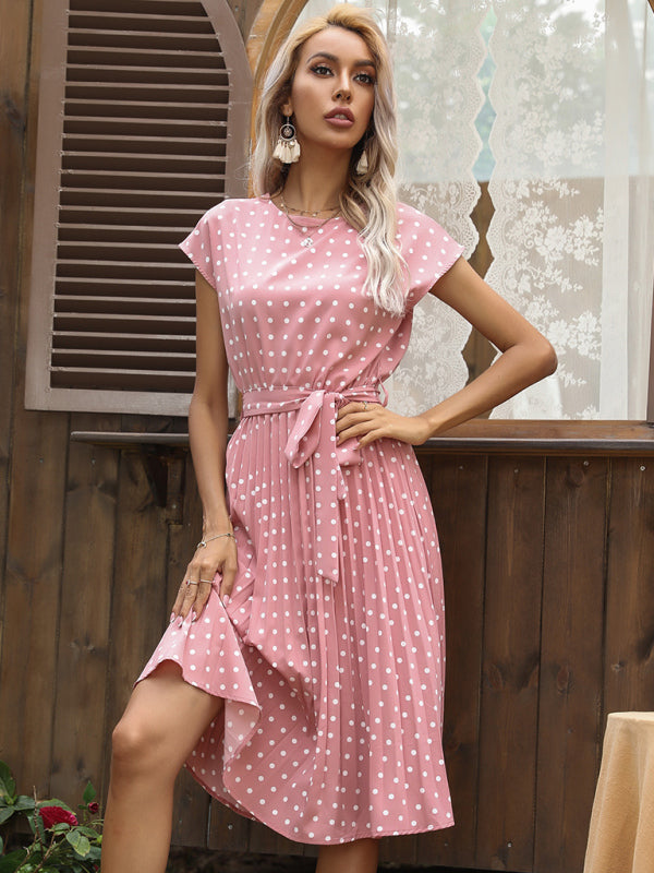 Women's Polka Dot Short Sleeve Pleated Midi Dress