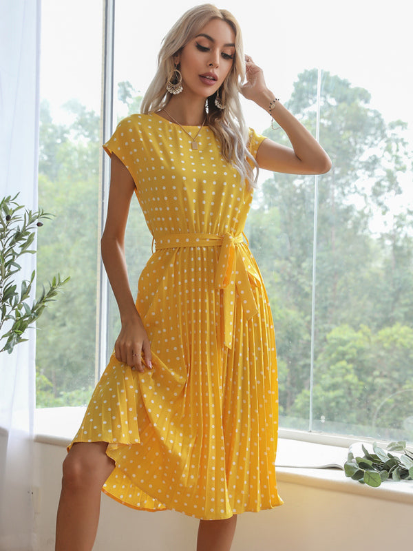 Women's Polka Dot Short Sleeve Pleated Midi Dress