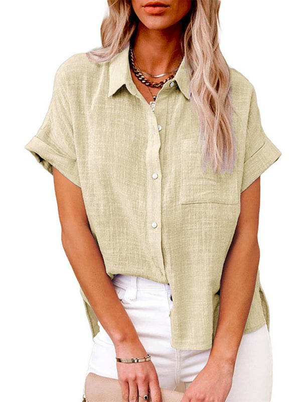 Women's Solid Color Short Sleeve Button-front Top