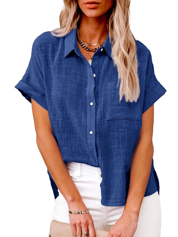 Women's Solid Color Short Sleeve Button-front Top