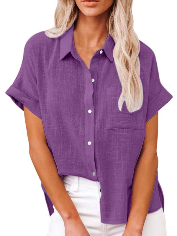 Women's Solid Color Short Sleeve Button-front Top