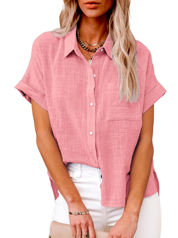 Women's Solid Color Short Sleeve Button-front Top