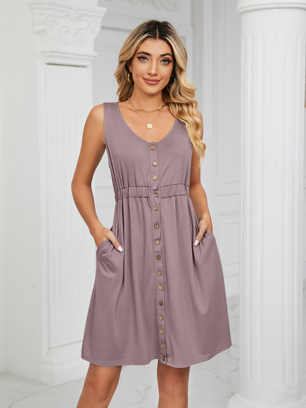 Women's Solid Color Button Front Detail A-line Mini Dress