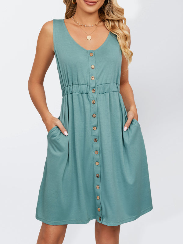 Women's Solid Color Button Front Detail A-line Mini Dress