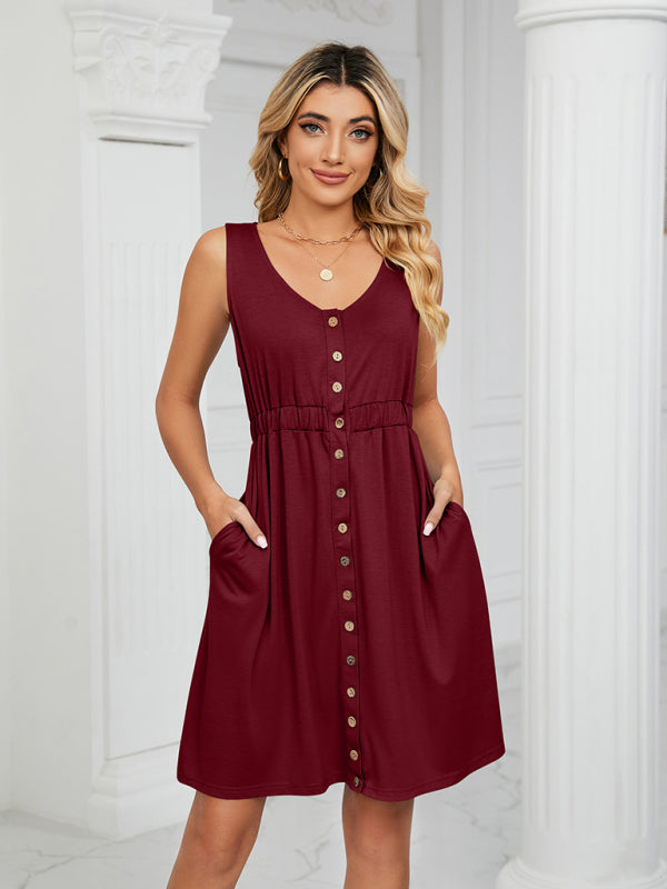 Women's Solid Color Button Front Detail A-line Mini Dress