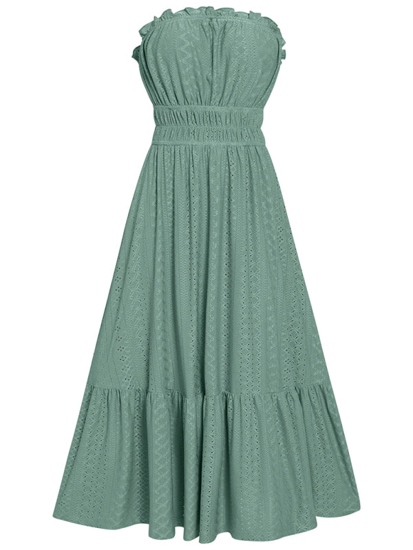 Women's Solid Color Strapless Taffeta Bubble-hem Lace Midi Dress