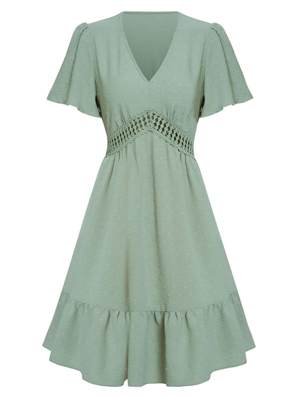 Women's Solid Color V-neck Lace Trim Short-sleeve Ruffle Dress