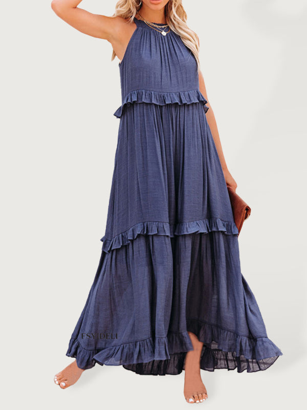 Women's Solid Color Halter Neck Ruffle Tiered Maxi Dress