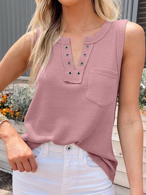 Women's Solid Color Lace Up Waffle Knit Tank Top