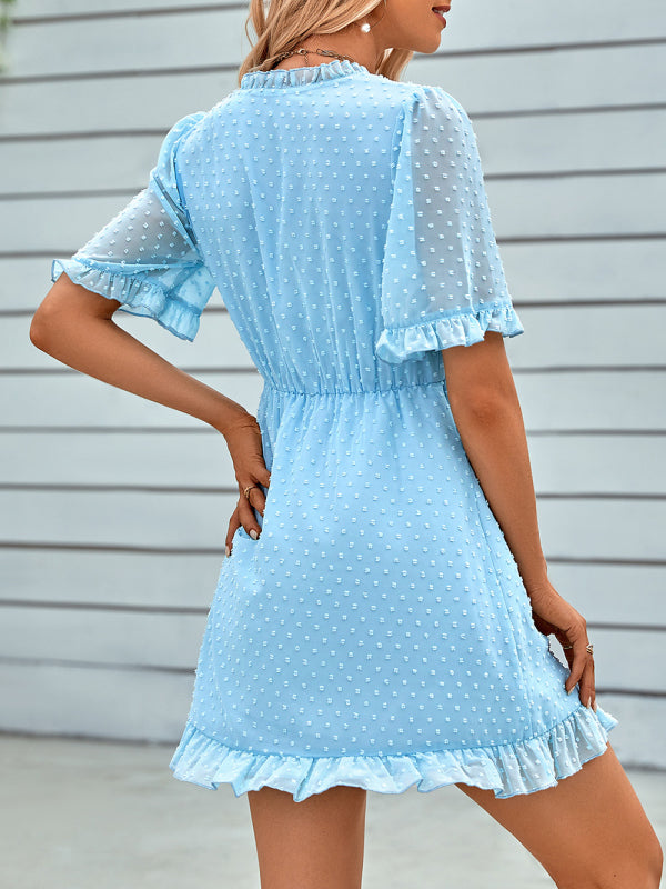 Women's Solid Color Ruffle Clip Dot Ruffle Sleeve Mini Faux Wrap Dress