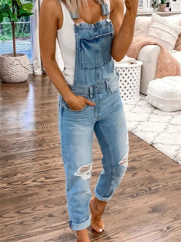 Women's Ripped Skinny Denim Overalls