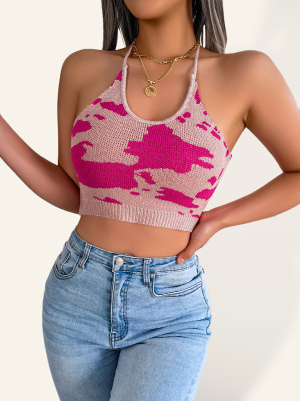 Women’s Pattern Halter Neckline Adjustable Tie Closures Crop Top